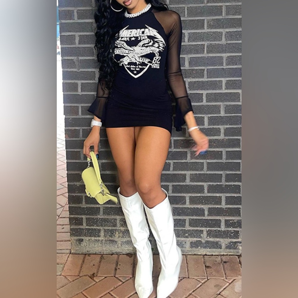 AMERICAN DARK⭐️STAR Live Free & High 1982 Sheer Ruffle Cuffs Sleeves Mini Dress - Picture 12 of 13